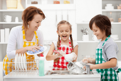 My Way vs. Your Way, Woman and Children Washing Dishes