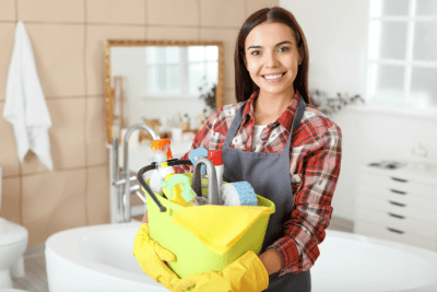 Airbnb Supplies Madness, Woman with Cleaning Supplies